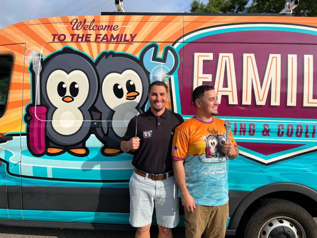 Smiling owners of Family Heating, Cooling, Electric & Plumbing standing in front of their branded service vehicle, representing licensed electrician in Westport Point MA, electrical panel upgrades, EV charger installation, generator installation, lighting repair, wiring services, and trusted local electrical contractors near me. Call us today for help with electrician in Westport Point MA, Westport Point MA electrician, licensed electrician Westport Point MA, local electrician Westport Point MA, electrician near me Westport Point, residential electrician Westport Point MA, commercial electrician Westport Point MA, electrical repair Westport Point MA, emergency electrician Westport Point MA, electrical panel upgrade Westport Point MA, circuit breaker replacement Westport Point MA, electrical service upgrade Westport Point, EV charger installation Westport Point MA, home EV charger electrician near me, generator installation Westport Point MA, standby generator electrician, whole house generator Westport Point, lighting installation Westport Point MA, recessed lighting electrician, switch and outlet replacement Westport Point MA, GFCI outlet installation near me, wiring services Westport Point MA, home rewiring electrician, electrical safety inspection Westport Point, code compliant electrical work near me, trusted electrician Westport Point MA.