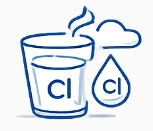 Illustration of a glass of water with chlorine symbols and a cloud, representing chlorine taste and smell.