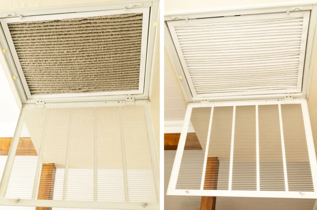 Side by side comparison of a heavily dust-clogged grey home air filter and a clean white replacement filter in an open ceiling intake vent.