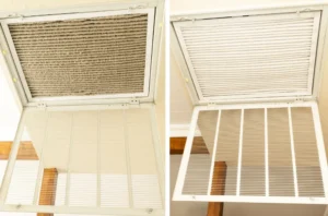 Side by side comparison of a heavily dust-clogged grey home air filter and a clean white replacement filter in an open ceiling intake vent.