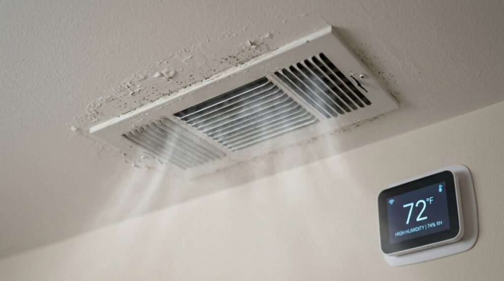Ceiling vent releasing air with a smart thermostat displaying 72°F.