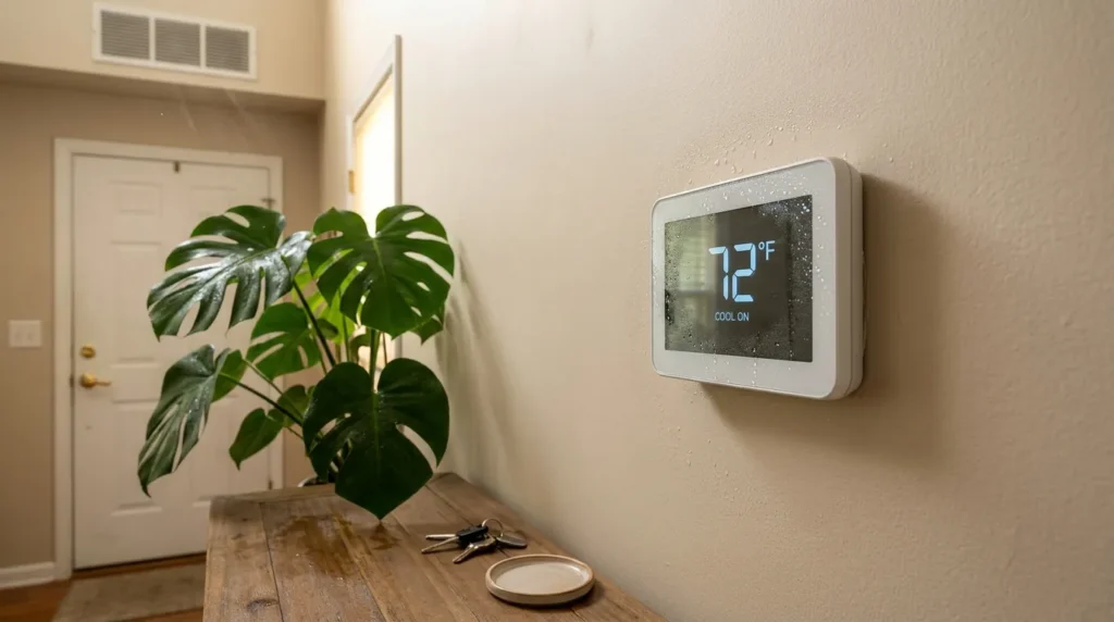 House feel humid even with AC on as thermostat displays 72°F and moisture builds indoors despite active cooling.