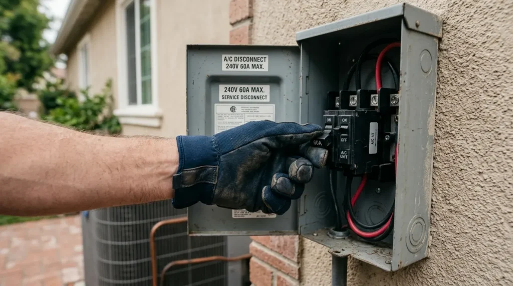 Hand in a glove operating a circuit breaker in an electrical panel.