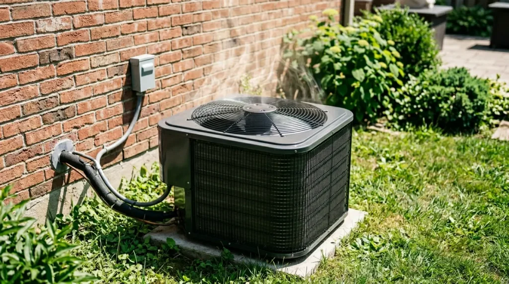 Outdoor condenser unit being inspected for an AC blowing warm air but running.