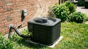 Outdoor condenser unit being inspected for an AC blowing warm air but running.