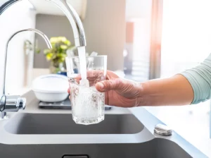 Hand pouring clean faucet water into a glass in a modern kitchen.