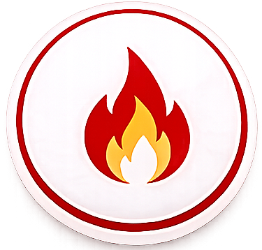Red and yellow flame logo on a white circular background