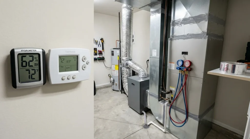 Home HVAC system showing thermostat and hygrometer readings