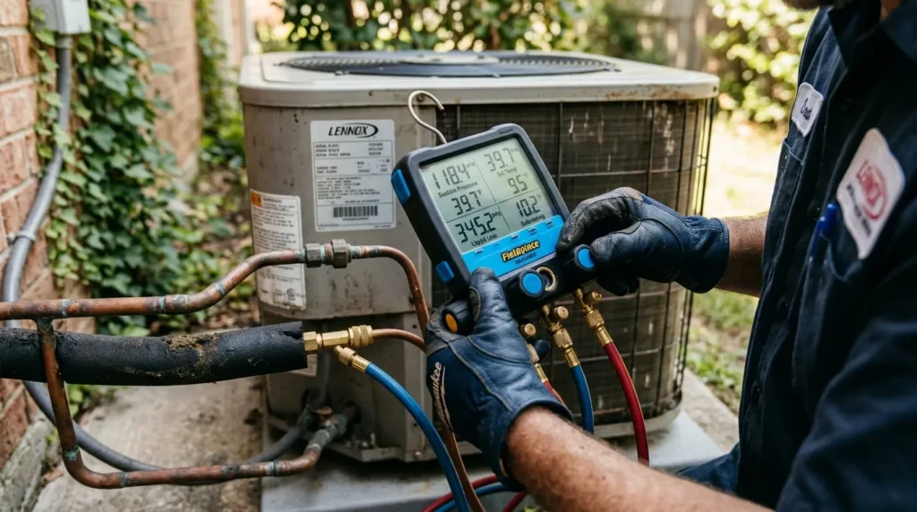 Technician using a refrigerant gauge on an air conditioning unit.