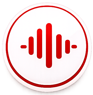 Red sound wave icon on a white circular background
