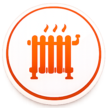Stylized orange radiator icon with steam on a circular background.