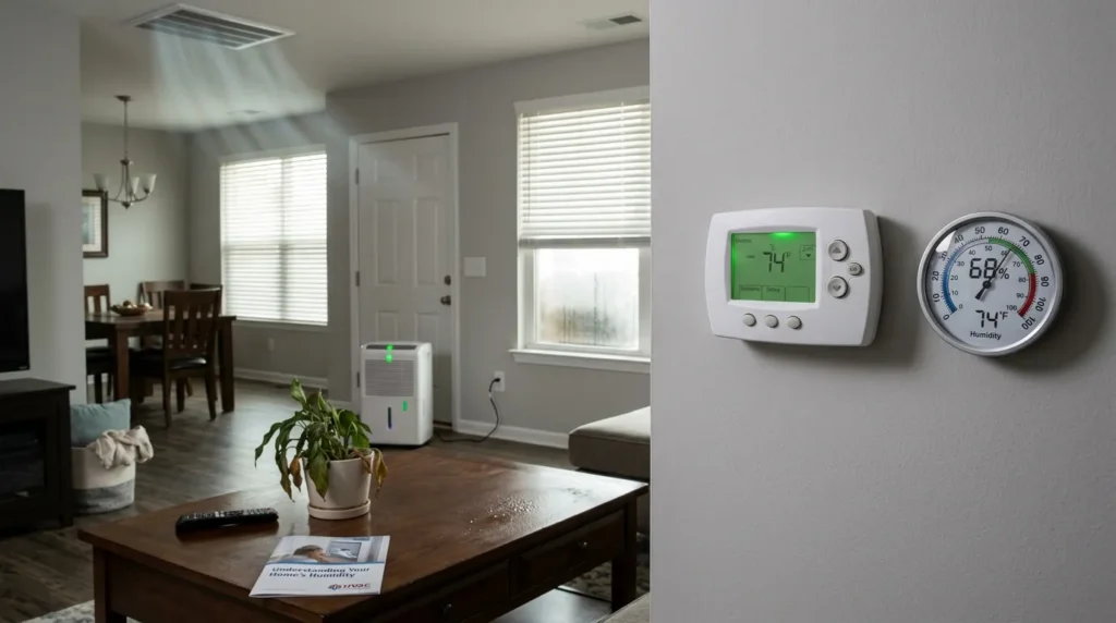 Smart thermostat and humidity monitor in a modern living room.