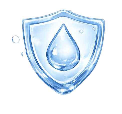 A blue shield with a water droplet symbolizing protection and purity.
