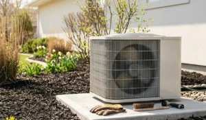 An outdoor residential AC unit prepared for spring HVAC maintenance on a concrete pad, surrounded by fresh garden mulch, tulips, work gloves, a cleaning brush, and a garden hose spray nozzle.