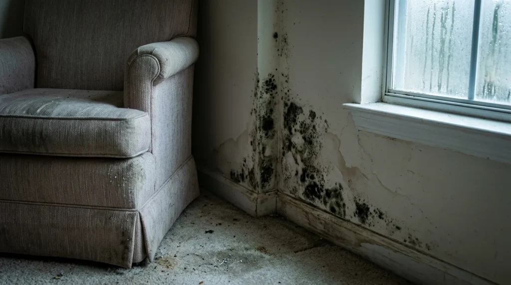 Mold growth on wall near a dirty armchair in a dimly lit room.