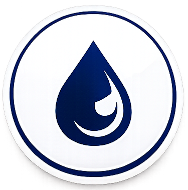 Blue water droplet logo with a circular border