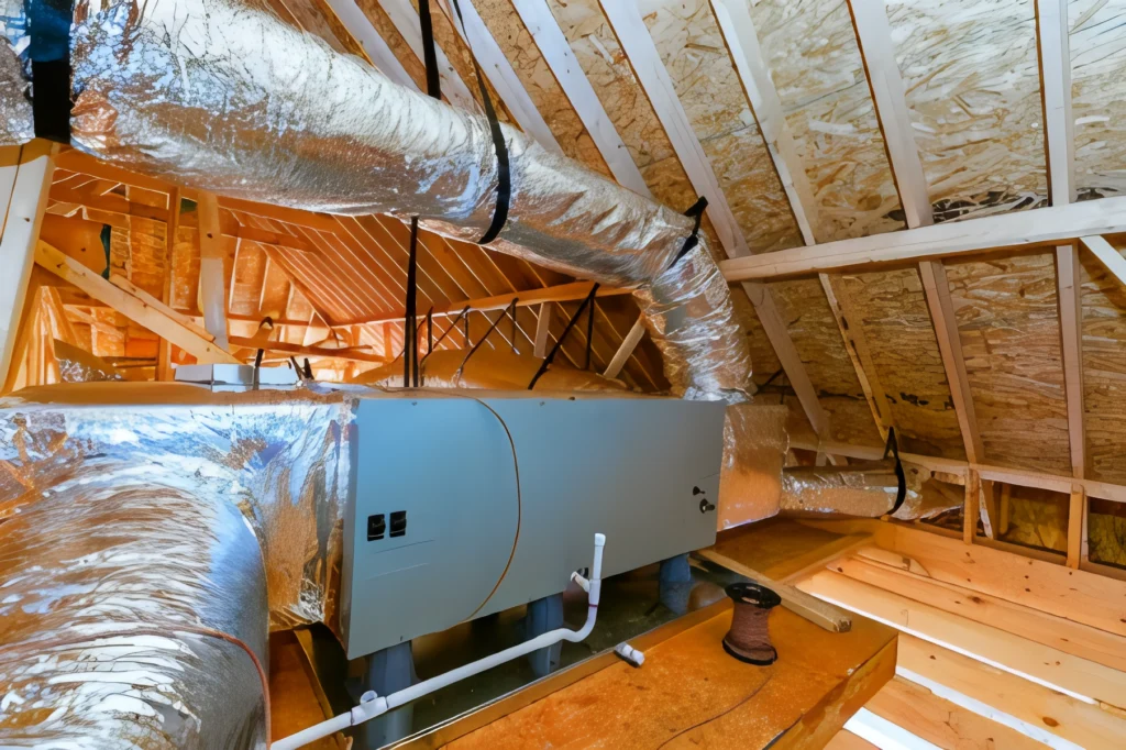 HVAC system installation in an attic with insulated ductwork.