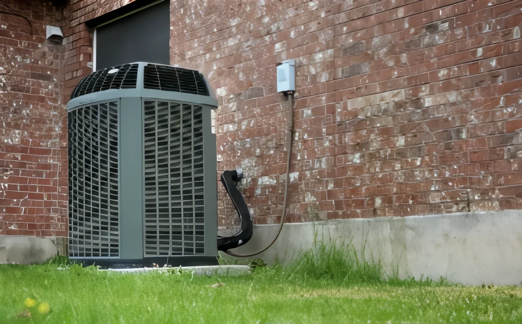 Modern high efficiency AC-heater unit installed outside a brick building.