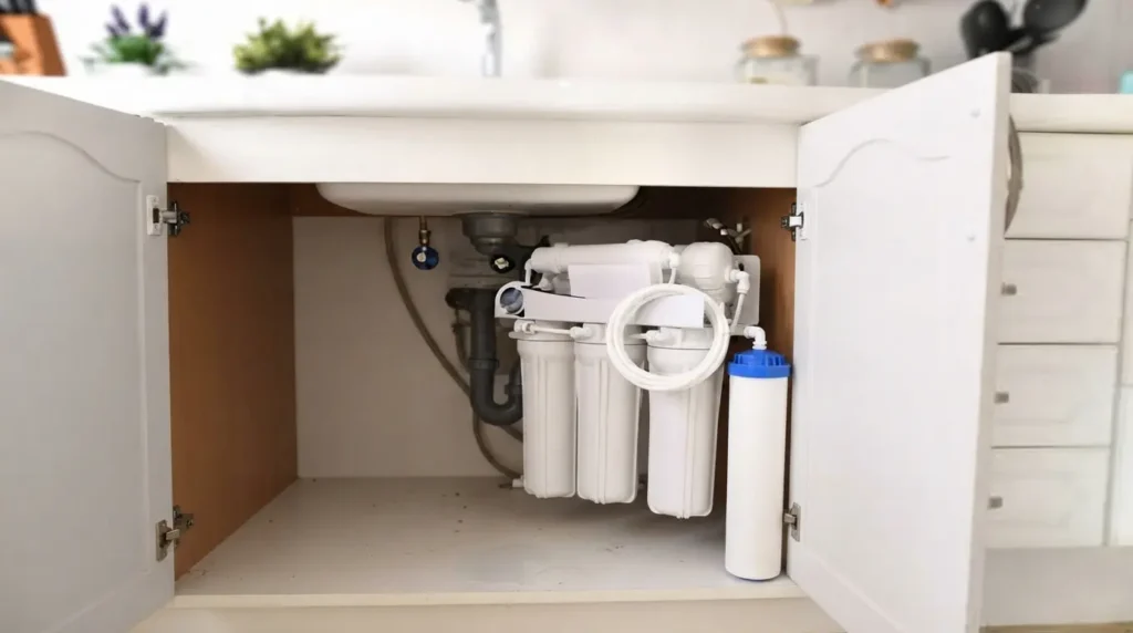 Under-sink reverse osmosis water filtration system in a kitchen cabinet.