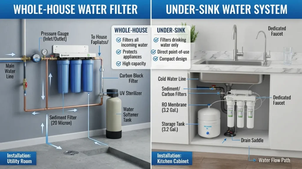 A side-by-side comparison diagram of a Whole-House Water Filter installed in a utility room versus an Under-Sink Water System installed in a kitchen cabinet.