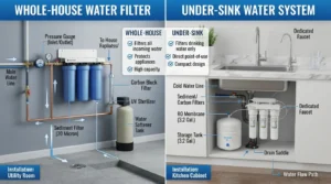A side-by-side comparison diagram of a Whole-House Water Filter installed in a utility room versus an Under-Sink Water System installed in a kitchen cabinet.