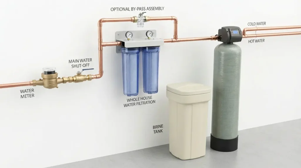 Water filtration system with components labeled on a wall.