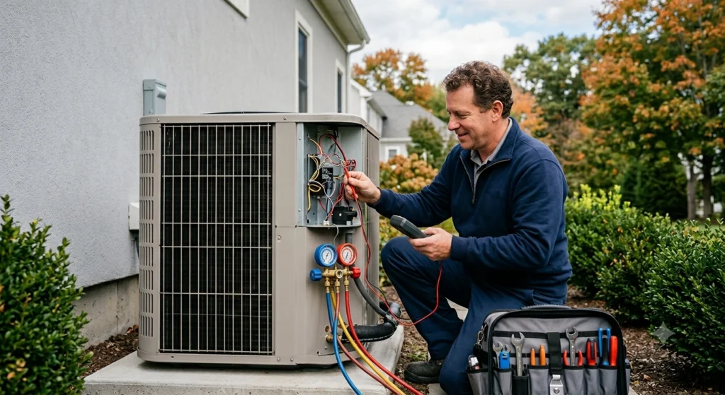 Technician servicing a central heat pump unit outdoors.