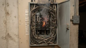 A dangerous electrical panel overloaded and smoking, illustrating the severe fire risks of outdated residential circuit breakers.