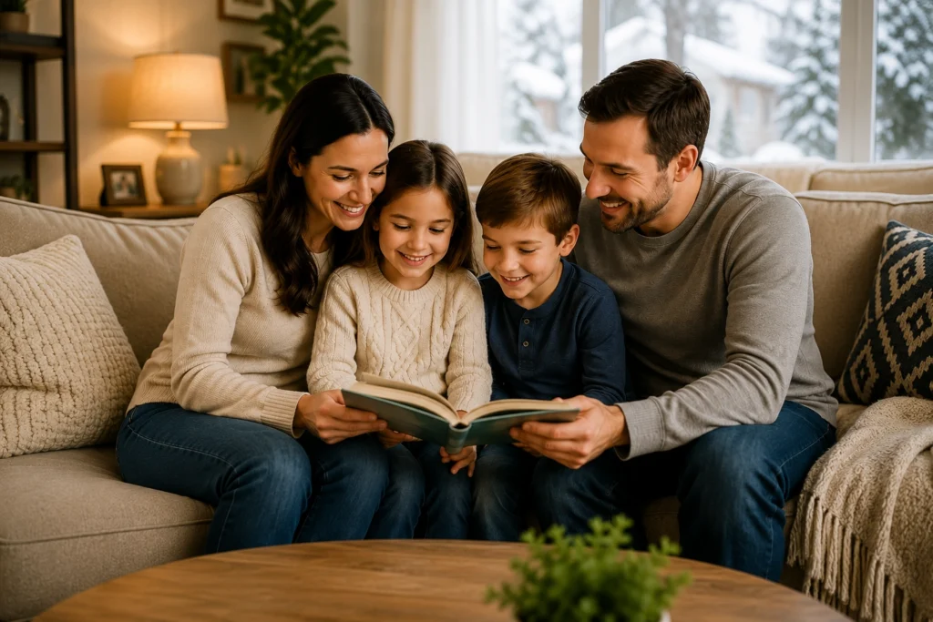 A warm family reading together on a cozy sofa during winter.