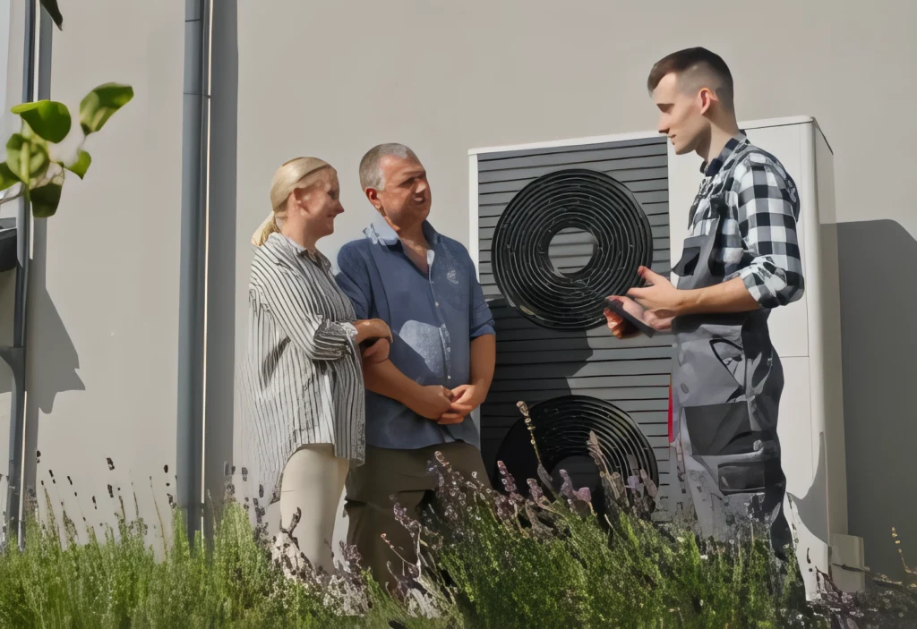 Consultation about a heat pump system between a technician and a couple.