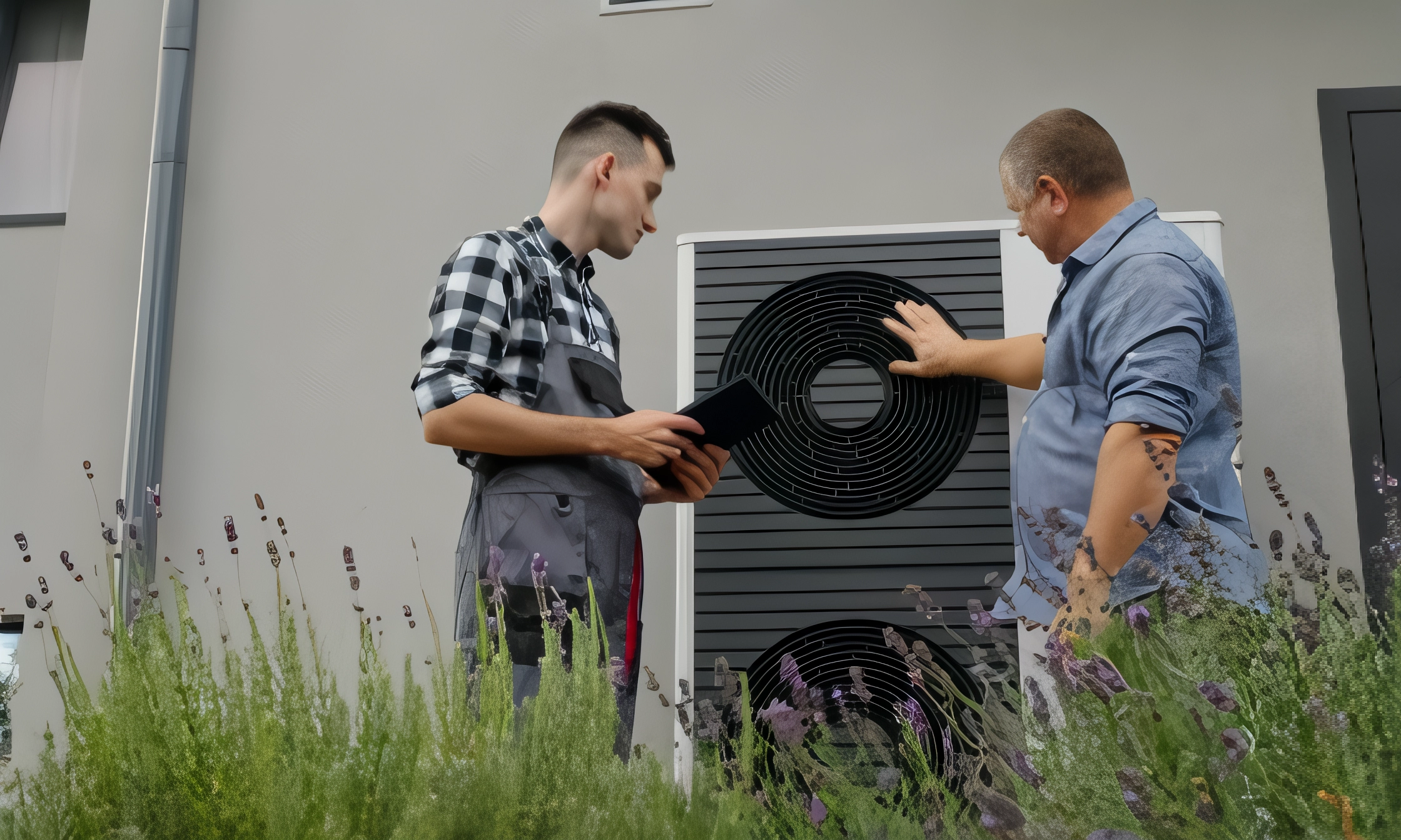 Technician and homeowner inspecting a heat pump unit outside a house.