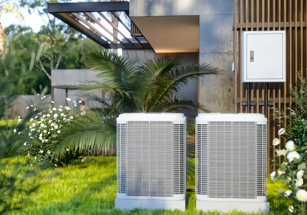 Two modern heat pumps installed outside a contemporary house surrounded by greenery.
