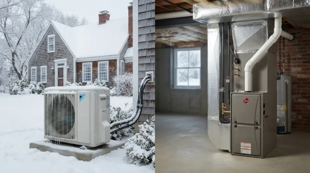 Side-by-side view of an outdoor cold-climate heat pump in the snow and an indoor traditional basement furnace.