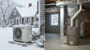 Side-by-side view of an outdoor cold-climate heat pump in the snow and an indoor traditional basement furnace.