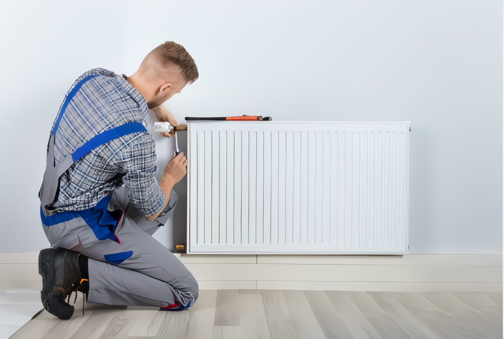 Technician performing maintenance on a white radiator heater.