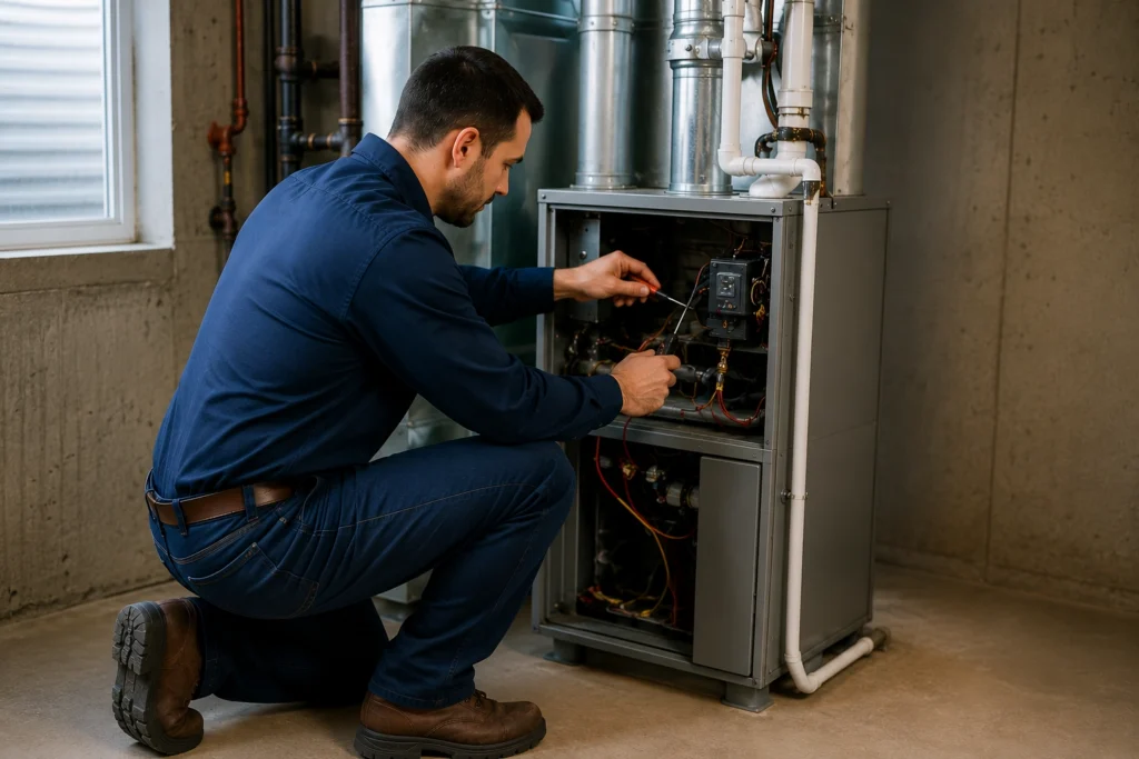 Heating repair technician servicing a furnace in a residential setting.