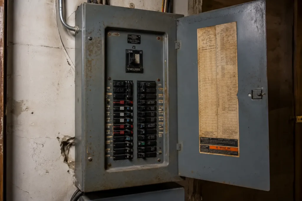 Old electrical panel with multiple circuit breakers and a detailed label.