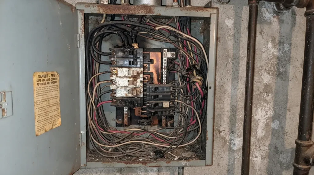 Worn electrical panel with circuit breakers and tangled wiring.