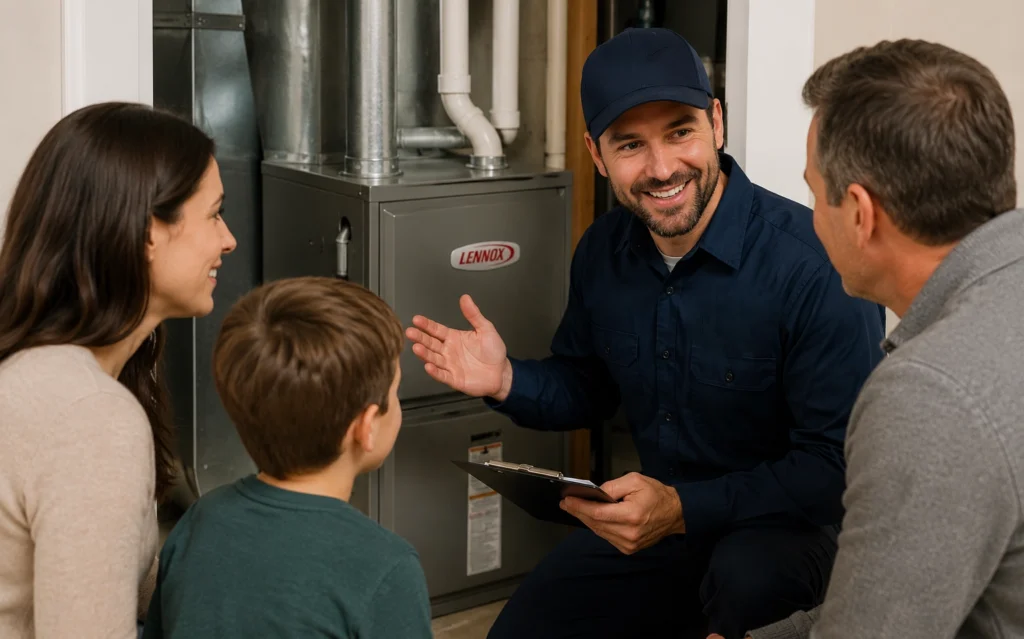 Heating expert explaining furnace options to a family in a home.