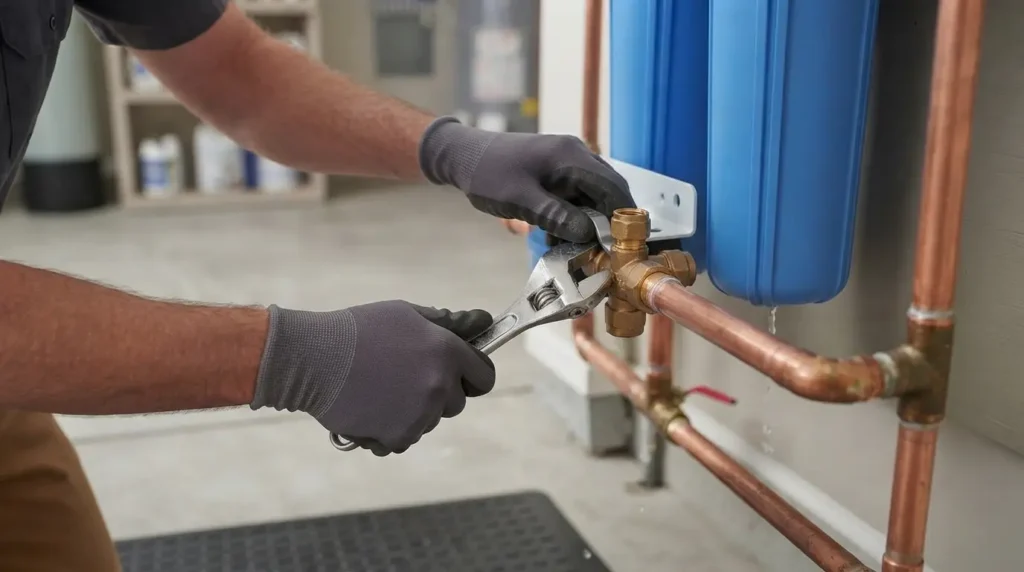 Professional technician performing a whole-home water filter installation on copper pipes