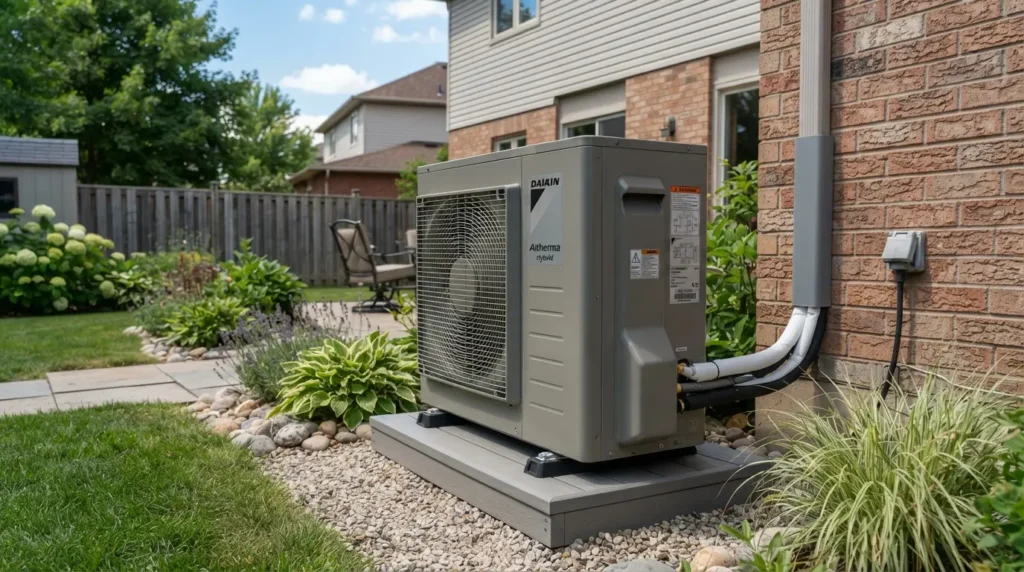 Outdoor air conditioning unit installed next to a brick house in a landscaped yard.