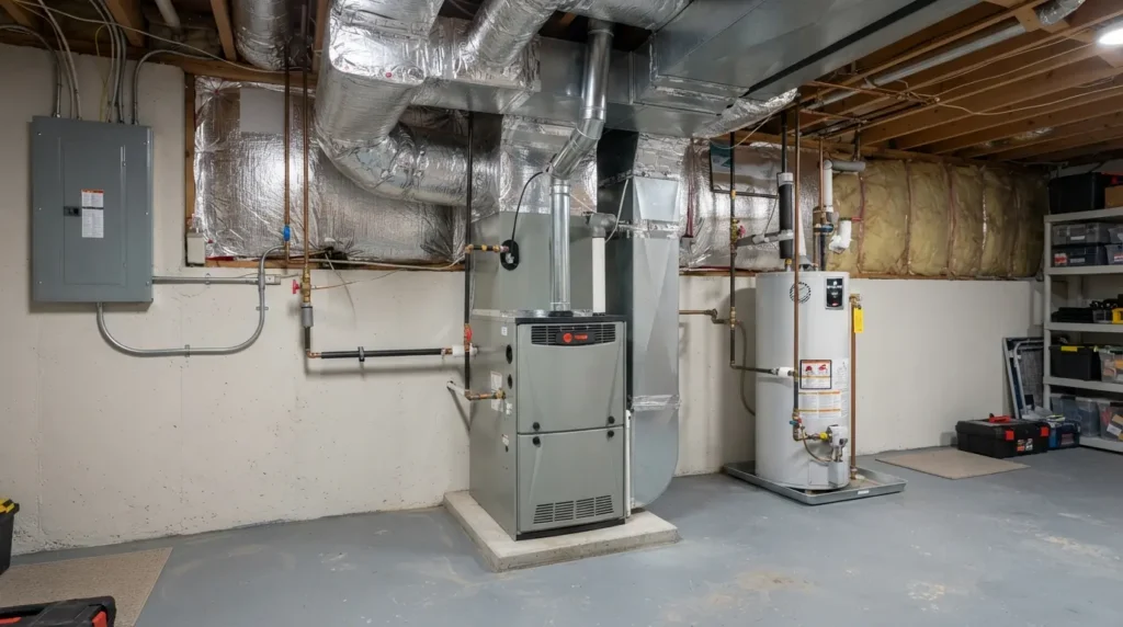 Modern heating system with furnace and water heater in a basement.
