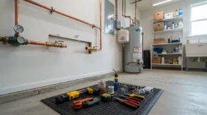 Well-organized utility room with plumbing tools and equipment on a mat.