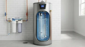 Modern water filtration system with digital display and transparent tank.