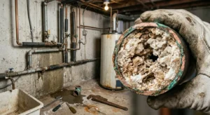 Close-up of a corroded pipe showing mineral buildup and damage.