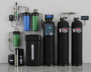 Water filtration system with various components including tanks and filters.