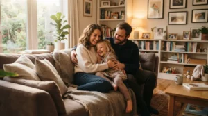 Happy family with a young girl cuddling on a couch in a cozy living room.