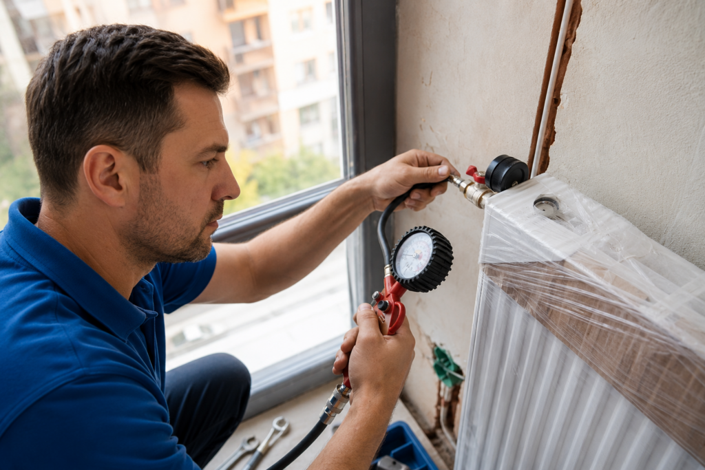 Professional technician performing heating repair in East Taunton, MA, testing radiator system pressure with specialized diagnostic equipment