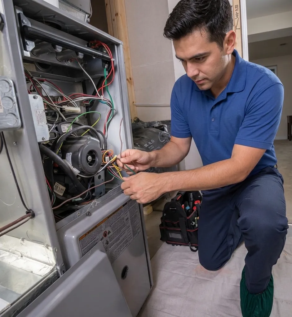 Technician repairing a furnace with exposed wiring and tools nearby.