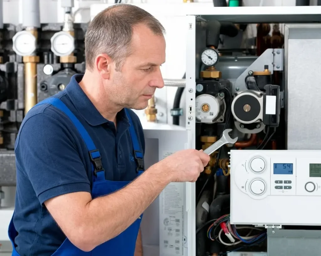 Technician repairing a heating system with a wrench in a mechanical room.